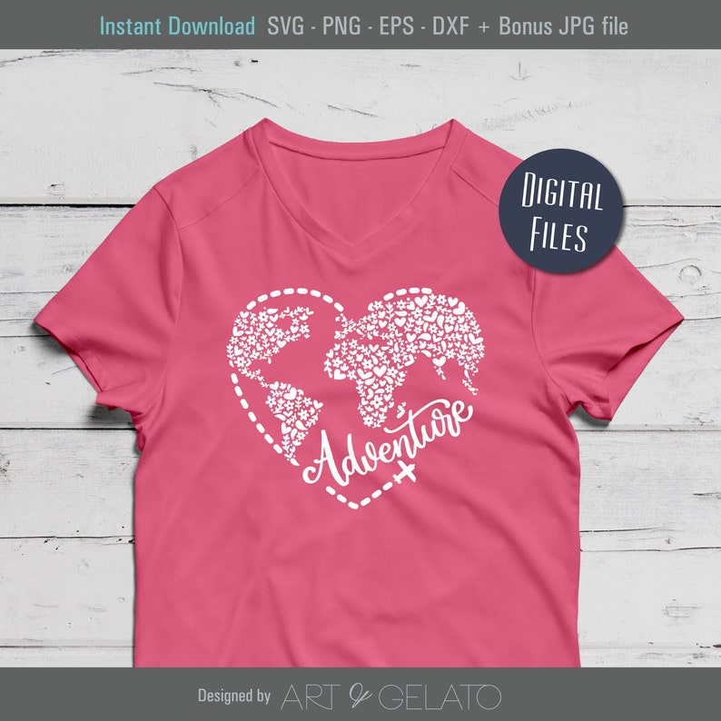 May include: Pink t-shirt with a white design of a world map made of hearts and the word "Adventure" with a small airplane symbol. The design is inside a heart shape with a dashed line.