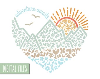 Adventure Awaits Mountains Heart Svg, Floral Mountains Svg, Mountain Svg, Mountains Scene SVG, Outdoors Shirt Svg, Adventure Mountains Svg