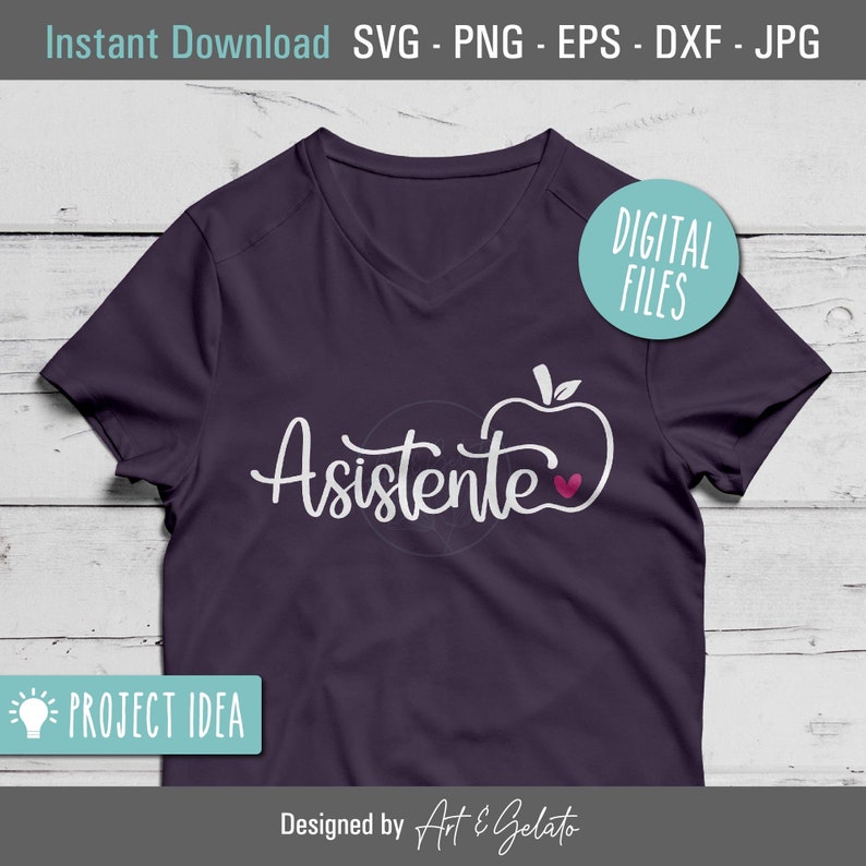 May include: A purple t-shirt with a white design that says "Asistente" with an apple and a heart. The design is for a teacher's assistant.