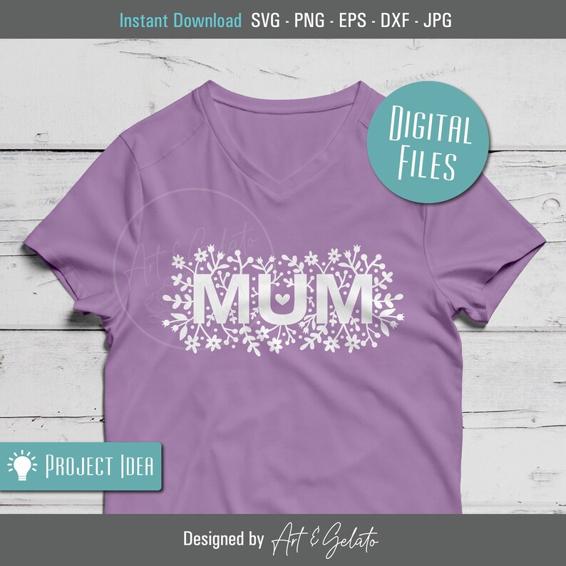 May include: A purple t-shirt with a white floral design and the word "MUM" with a small heart in the middle of the "U".