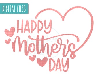 May include: Pink and white gingham pattern Happy Mother's Day design with a heart shape.