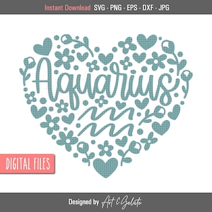 Aquarius FloralEs Herz SVG, Horoskop Schild SVG, Sternzeichen SVG, Astrologie, Geburtszeichen Svg, Florales Herz Svg, Sternzeichen Shirt