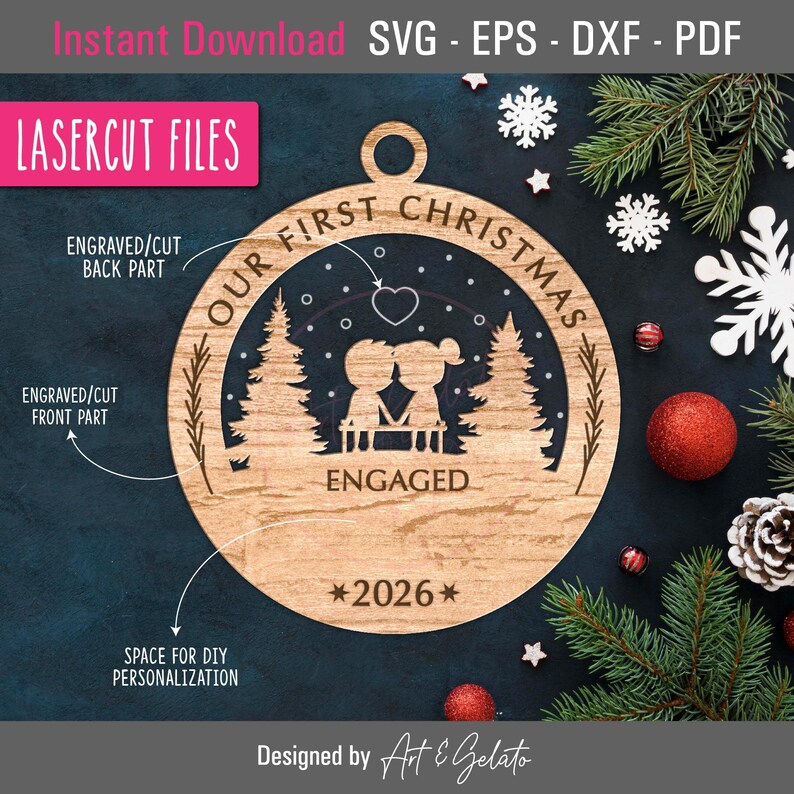 Our First Christmas Engaged 2026 Ornament SVG, Christmas Ornament SVG, Glowforge Laser Cut File SVG, Wood and Acrylic Laser Cut File image 3
