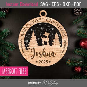 Babys erstes Weihnachten 2025 Winter Hirsch Verzierung SVG, Weihnachtsverzierung SVG, Schnee Hirsch Szene SVG, Glowforge-Datei, mehrschichtiger Laserschnitt