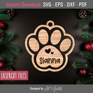 Dog Cat Paw Ornament, Dog Paw Christmas Ornament SVG, Pet Christmas Ornament SVG, DIY Personalized, Glowforge File, Multi-Layer Laser Cut