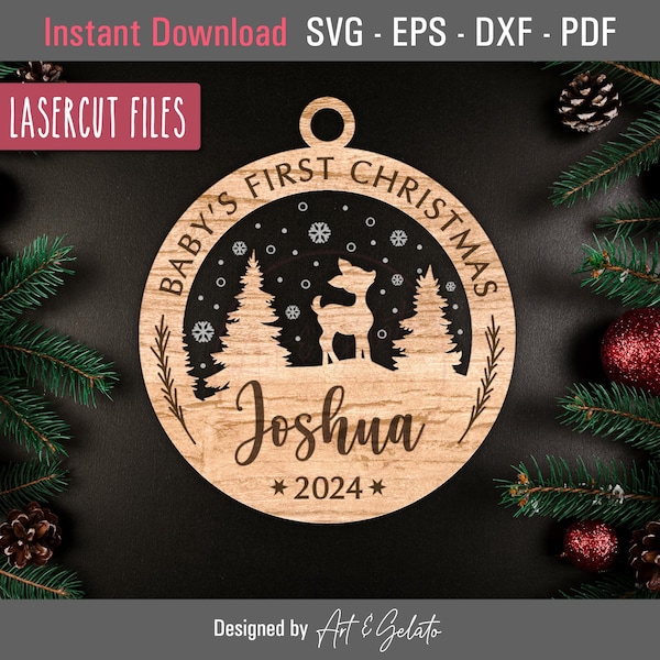 Baby's First Christmas 2024 Winter Deer Ornament SVG, Christmas Ornament SVG, Snow Deer Scene SVG, Glowforge File, Multi-Layer Laser Cut