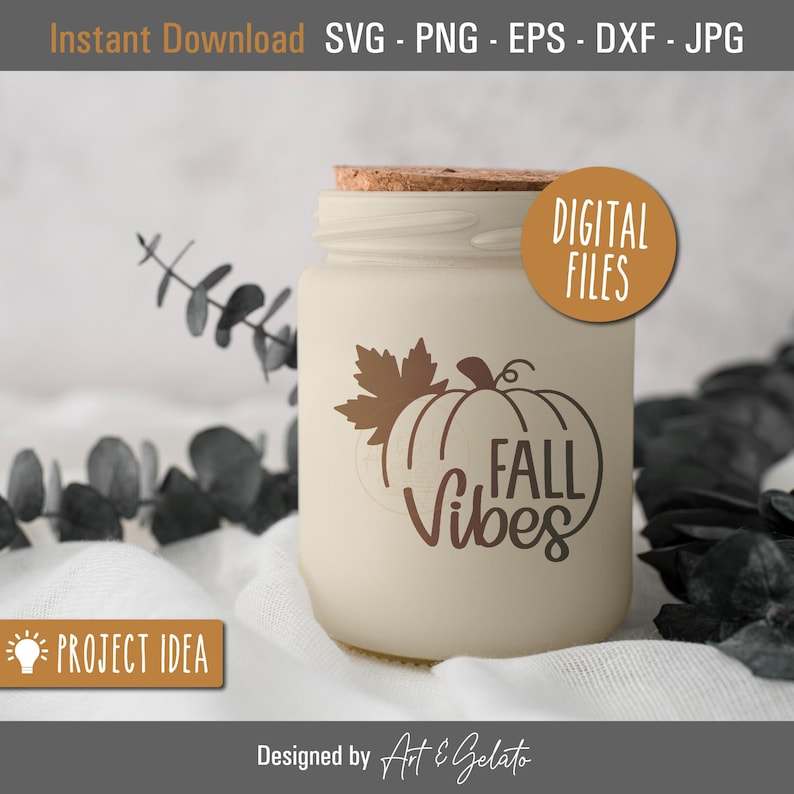 May include: A white jar with a cork lid and a brown graphic of a pumpkin with a leaf and the text "FALL Vibes".