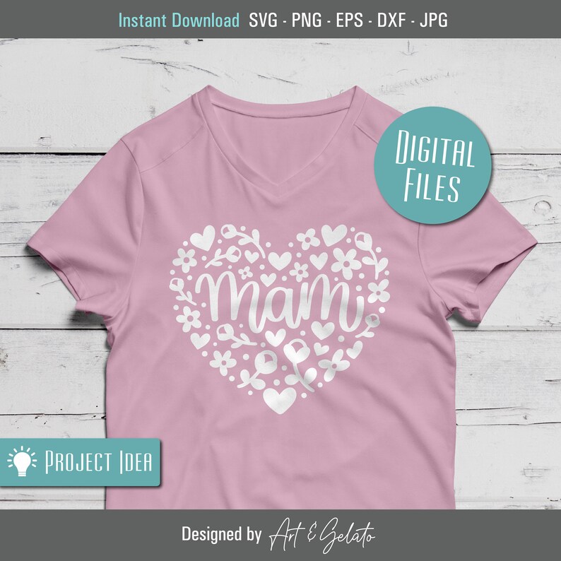 May include: A pink t-shirt with a white heart design featuring the word "mam" surrounded by flowers and hearts. The design is perfect for Mother's Day.