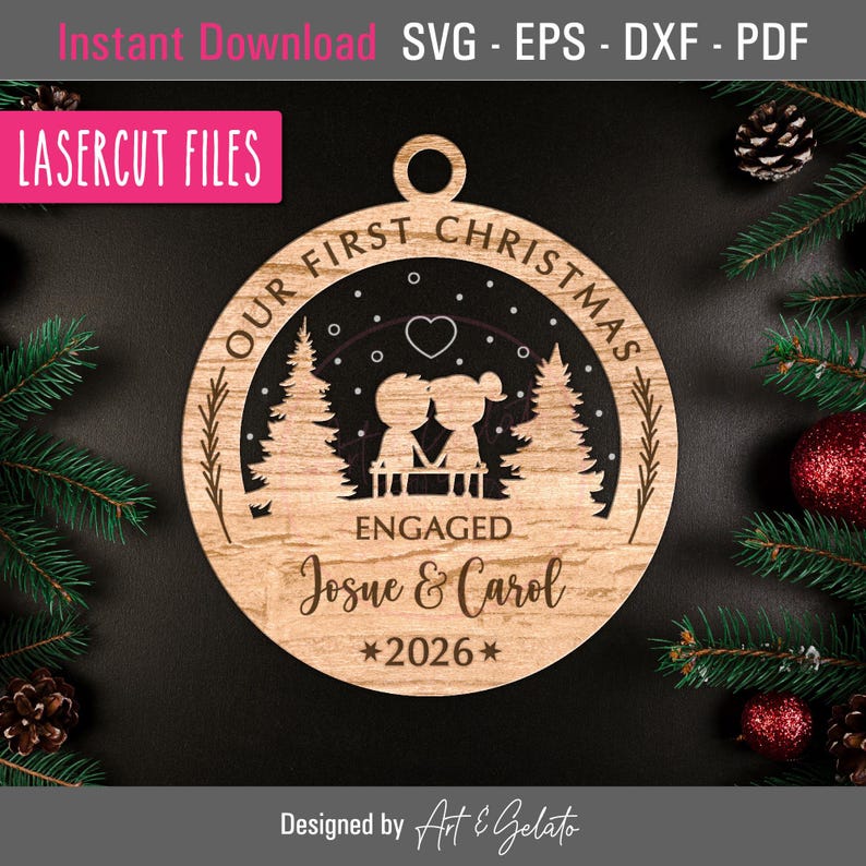 Our First Christmas Engaged 2026 Ornament SVG, Christmas Ornament SVG, Glowforge Laser Cut File SVG, Wood and Acrylic Laser Cut File image 1