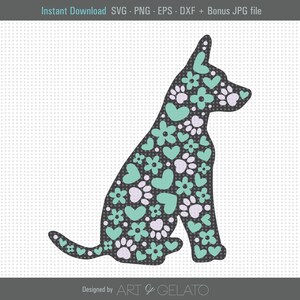 Floral Dog SVG, Dog Silhouette Svg, Paws Hearts and Flowers Dog Svg, Dog Mom Shirt, Dog with Flowers Svg, Dog Love Svg, Dog Svg, Cut Files