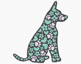 Floral Dog SVG, Dog Silhouette Svg, Paws Hearts and Flowers Dog Svg, Dog Mom Shirt, Dog with Flowers Svg, Dog Love Svg, Dog Svg, Cut Files