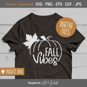 May include: A black t-shirt with a white pumpkin and leaves design. The text "Fall Vibes" is written in a white cursive font.