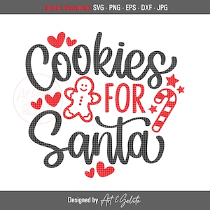Könnte beinhalten: Ein schwarz-weißes Grafikdesign mit dem Text "Cookies for Santa" in Rot. Das Design enthält einen Lebkuchenmann, einen Zuckerstock und Herzen.