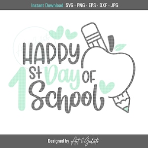 Feliz primeiro dia de aula SVG, primeiro dia de aula SVG, volta às aulas Svg, Apple e Pencil Svg, bem-vindo de volta à escola, camisa do professor Svg