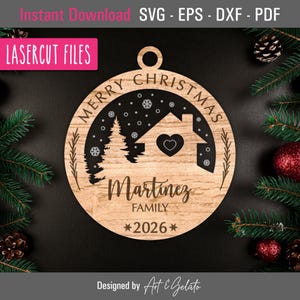 Adorno navideño SVG para el hogar 2026, adorno navideño SVG, archivo cortado con láser SVG, archivo cortado con láser para madera y acrílico, adorno familiar 2026