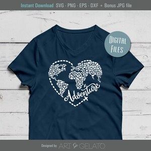 May include: A navy blue t-shirt with a white design of a heart-shaped world map made of small hearts and the word "Adventure" with a small airplane symbol. The text "DIGITAL FILES" is in a white circle on the right side of the shirt. The text "Designed by ART & GELATO" is at the bottom of the shirt.