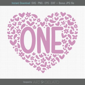 One SVG, 1st Birthday Svg, First Birthday Svg, Floral Heart Svg, Birthday Onesie, Baby Girl Birthday, One Year Old, Sofortiger Download