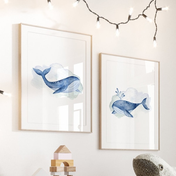 Set of 2 Whale Prints, Ocean Nursery Decor, Blue Nursery Prints, Nautical Wall Art, Navy Nursery, Sealife Nursery Art, Boy Sea Bedroom Decor