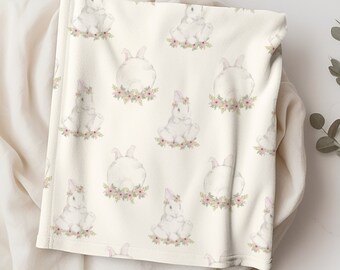Luxe babydeken, babydeken konijn bloemen, decor konijn babykamer, babymeisje deken babyshower cadeau, pasgeboren deken meisje