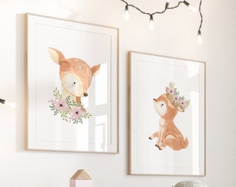 Hirsch Kinderzimmer Dekor Mädchen Wald Kinderzimmer, Aquarell Hirsch, Kinderzimmer Wand Kunst Digitaler Download, Wald Dekor Rehkitz Kinderzimmer Drucke