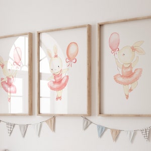 Kwekerij set van 3 printables, print ballerina konijn, roze konijn ontwerp, babymeisje kinderkamer prints, ballerina stijl kinderkamer, digitale download
