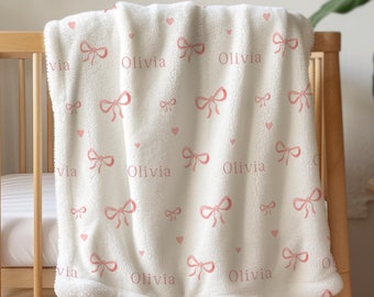 Baby Girl Bow Blanket with Name, Personalised Pink Bow Blanket, Birth Announcement Name, Pink Bow Blanket, Custom Pink Bow Nursery Decor
