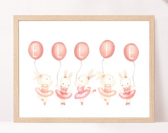 Ballerina Nursery Decor, Girls Name Ballerina Prints, Personalised Nursery Prints, Bunny Bedroom Decor