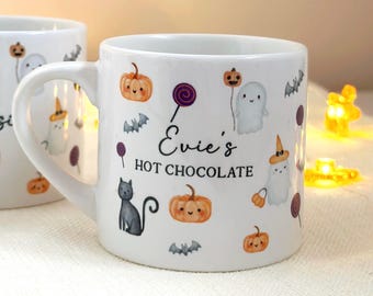 Taza de Halloween personalizada para niños, taza familiar de Halloween a juego, taza con nombre, chocolate caliente de Halloween, relleno para caja de Halloween, taza espeluznante