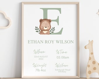 Baby Boy Birth Stats, Newborn Baby Print, Newborn Birth Details Personalised, Sage Green Bear Nursery