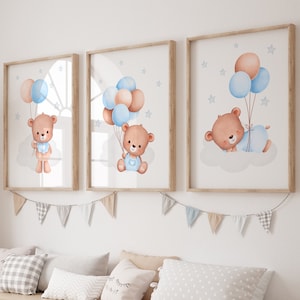 Conjunto de 3 impresiones de vivero de osos azules, impresiones de osos de peluche para niños, conjunto de impresión de osos de descarga instantánea, decoración de guardería para niños, póster de arte de pared de osos de peluche