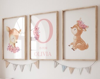 Deer Nursery Prints Set of 3, Woodland Girls Nursery, Pink Flower Wall Art, Deer Wall Art, Fawn Bedroom Decor, Pink Antler Nursery Prints