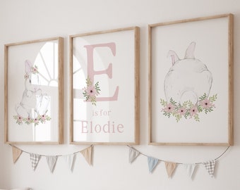 Floral Pink Bunny Nursery Prints, Floral Baby Name Decor, Flower Bunny Print, Rabbit Nursery Theme, Set of 3 Prints, Floral Baby Nursery Art