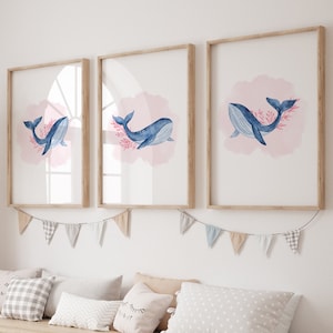 Whale Nursery Prints, Watercolour Nursery, Girls Sealife Nursery Decor, Pink Whale Print Set, Digital Download, Under the Sea Nursery Print