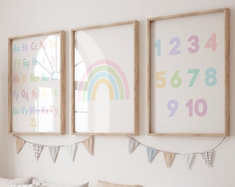 Pastel Alphabet and Numbers, Pastel Rainbows, Educational Wall Art, Rainbow ABC, Girls Alphabet Pastel Prints, Set of 3, Printed Nursery Art