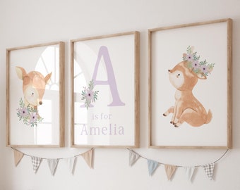 Deer Nursery Decor, Floral Woodland Nursery Prints, Lilac Nursery Art, Woodland Deer Girls Nursery, Flower Bedroom Decor, Deer Nursery Print