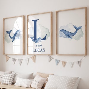 Whale Nursery Decor, Set of 3 Whale Prints, Boys Whale Prints, Personalised Boys Art, Blue Wall Art, Watercolour Sealife, Ocean Bedroom