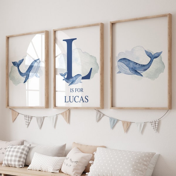 Whale Nursery Decor, Set of 3 Whale Prints, Boys Whale Prints, Personalised Boys Art, Blue Wall Art, Watercolour Sealife, Ocean Bedroom