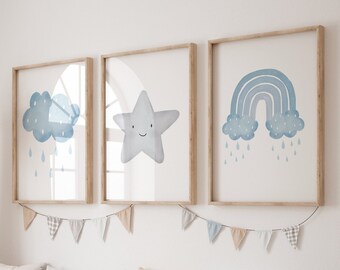 Boys Watercolour Nursery Prints, Blue Rainbow Set of 3, Cloud Nursery Decor Boy, Boys Bedroom Rainbow Decor, Star Nursery, Instant Download