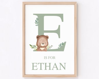 Sage Green Nursery Prints, Woodland Bear Boys Bedroom, Sage Green Personalised Nursery, Cute Bear Bedroom Art, Boys Bear Bedroom, Name Print