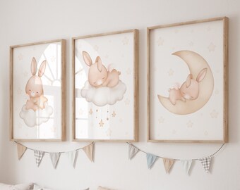 Beige Nursery Cloud Decor, Neutral Baby Set of 3 Prints, Bunny Wall Art, Bunny Nursery Art, Watercolour Nursery, Neutral Baby Decor Unisex