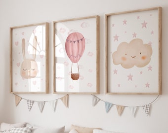 Girls Nursery Prints, Hot Air Balloon, Cloud Decor, Dusky Pink Bedroom, Baby Girl Nursery Set, Bunny Wall Art, Watercolour Hot Air Balloons