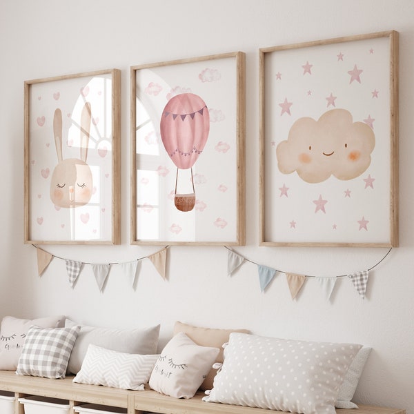 Girls Nursery Prints, Hot Air Balloon, Cloud Decor, Dusky Pink Bedroom, Baby Girl Nursery Set, Bunny Wall Art, Watercolour Hot Air Balloons