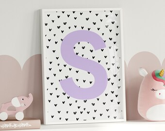 Baby Girl Initial Prints, Lilac Name Prints, Lilac Nursery Art, Girls Lilac Bedroom, Violet Nursery Decor, Personalised Nursery Prints