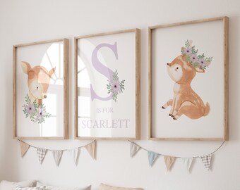 Woodland Nursery Prints, Lilac Nursery Art, Girls Personalised Prints, Woodland Deer Girls Nursery, Flower Bedroom Decor, Deer Nursery Print