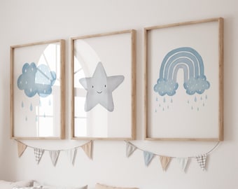 Watercolour Blue Nursery, Set of 3 Prints, Boys Wall Art, Cloud Decor, Blue Rainbow, Blue and Gray Nursery, Baby Boy Print Set Raindrops