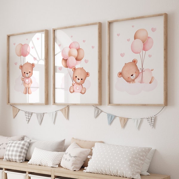 Ensemble de 3 imprimés d’ours en peluche, pépinière d’impression d’ours en peluche, art mural de ballon d’ours, impressions personnalisées en peluche rose, crèche d’ours pour bébé fille