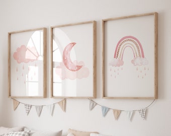 Cloud Nursery Prints, Set of 3 Pink Moon Nursery, Dusky Pink Bedroom, Baby Girl Prints for Nursery Watercolour, Moon Cloud Nursery Art
