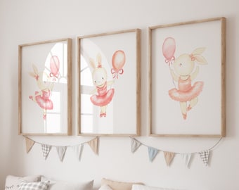 Ballerina Nursery Decor, Set of 3 Bunny Print, Pink Bunny Design, Baby Girl Nursery Prints, Ballerina Style Nursery, Printed Nursery Art