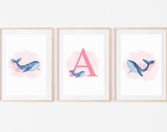 Whale Prints for Girls, Bedroom Ocean Decor, Girl Sealife Nursery, Nautical Wall Art, Children's Whale Bedroom