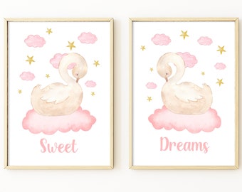 Swan Nursery Decor, Sweet Dreams Nursery Prints, Girls Swan Bedroom, Watercolour Prints Swan Nursery Pink Set of 2 Prints